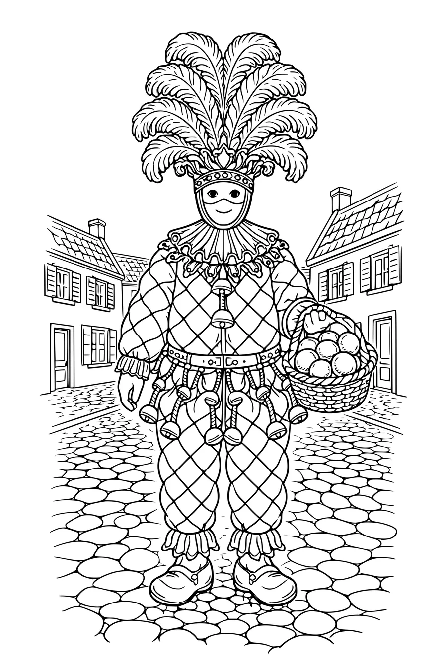 Coloring page of a carnival figure with a tall ostrich-plume hat and a basket of oranges