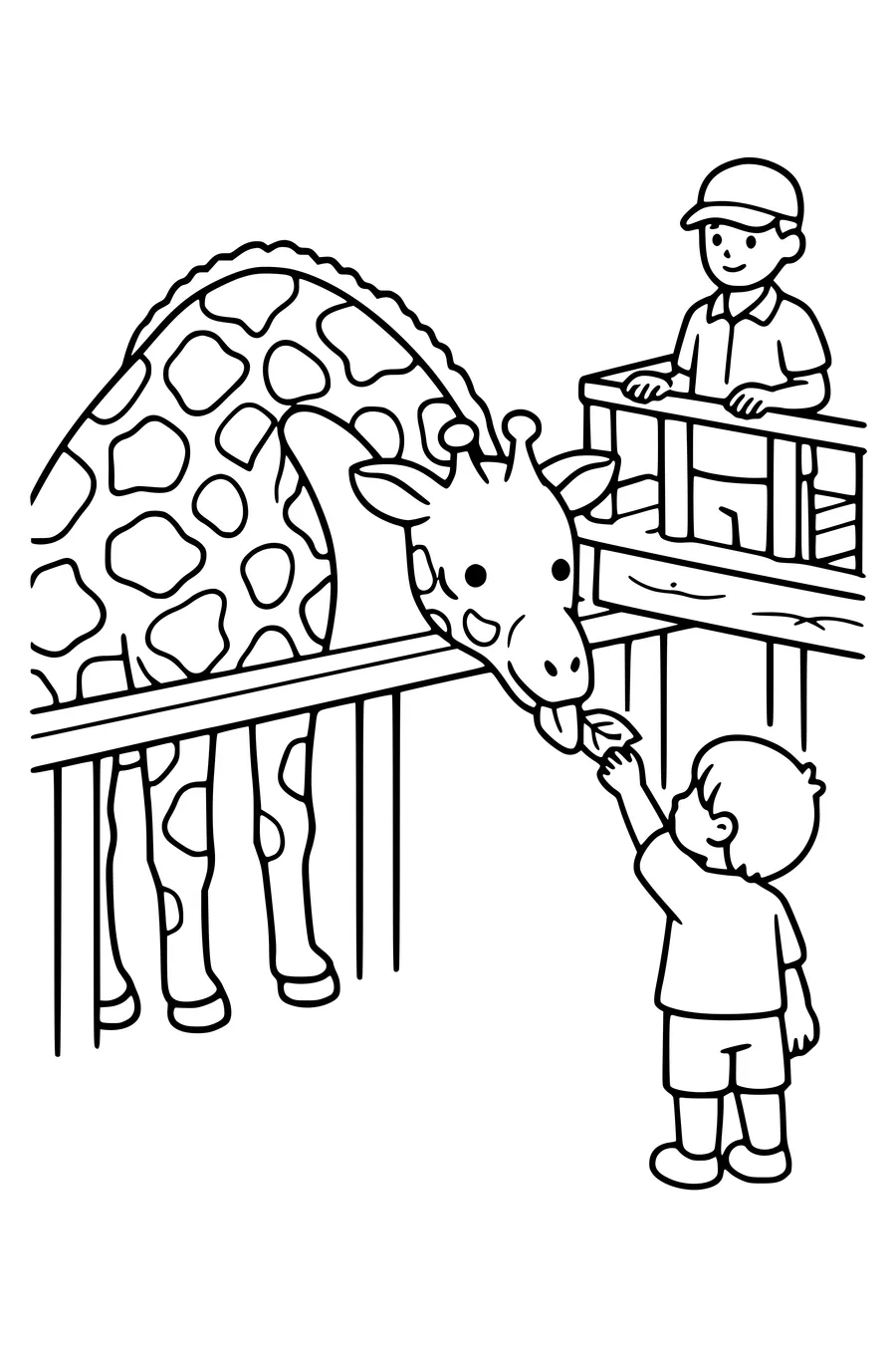 Coloring page of a giraffe taking a leaf from a child`s hand