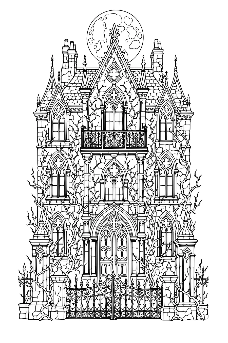 Detailed adult Halloween coloring page of a Gothic haunted house under a full moon