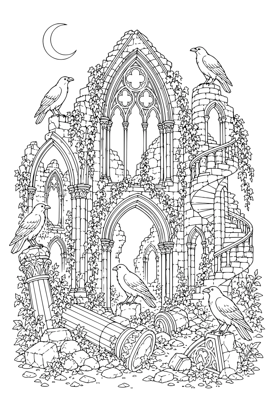 Coloriage imprimable d’une ruine gothique difficile avec des corbeaux