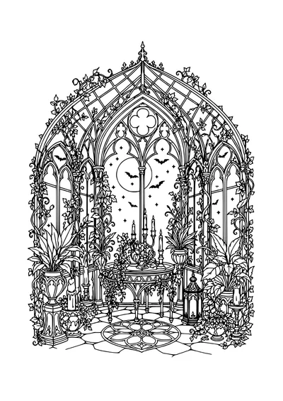 Difficult Halloween coloring page for adults: gothic conservatory by moonlight