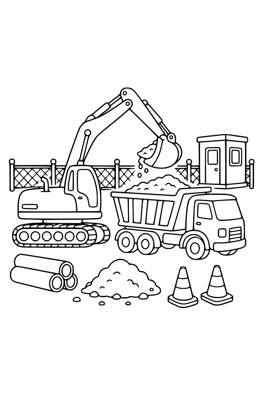 Medium coloring page of an excavator loading soil into a dump truck