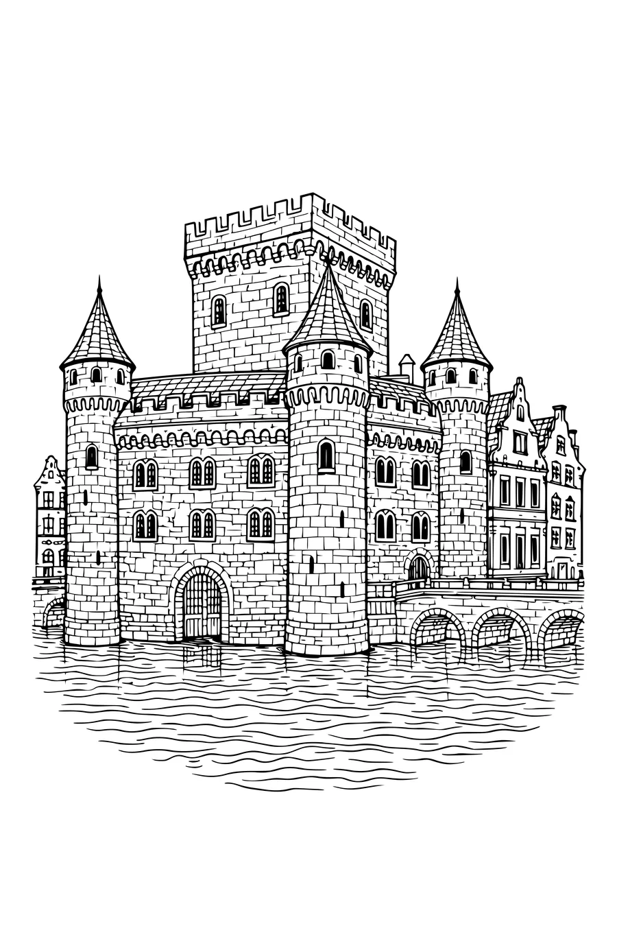 Ausmalbild einer mittelalterlichen Burg an einem Stadtgraben