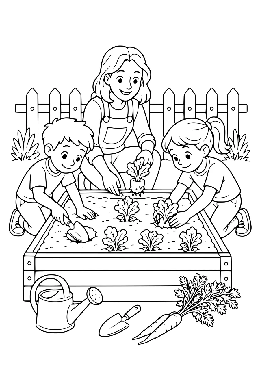 Gratis printbare school kleurplaat van groenten planten in de schooltuin in de klas