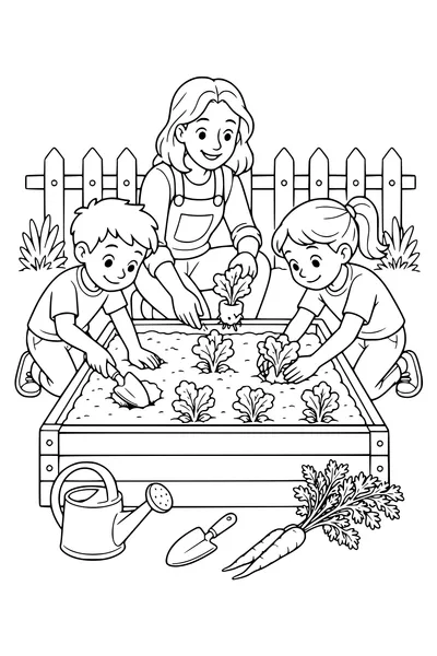 Kostenloses Ausmalbild: Kinder pflanzen Gemüse im Schulgarten