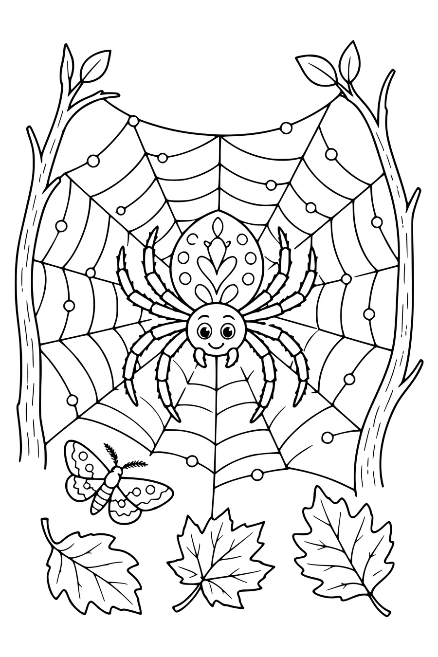 Coloriage imprimable d’une grande araignée dans une toile d’halloween