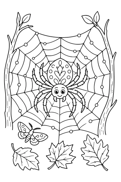 Gratis printbare kleurplaat van grote spin in een halloweenweb