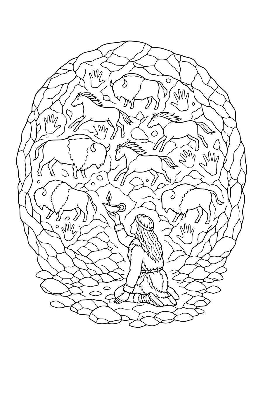 Coloriage d’une paroi de grotte pleine de peintures préhistoriques