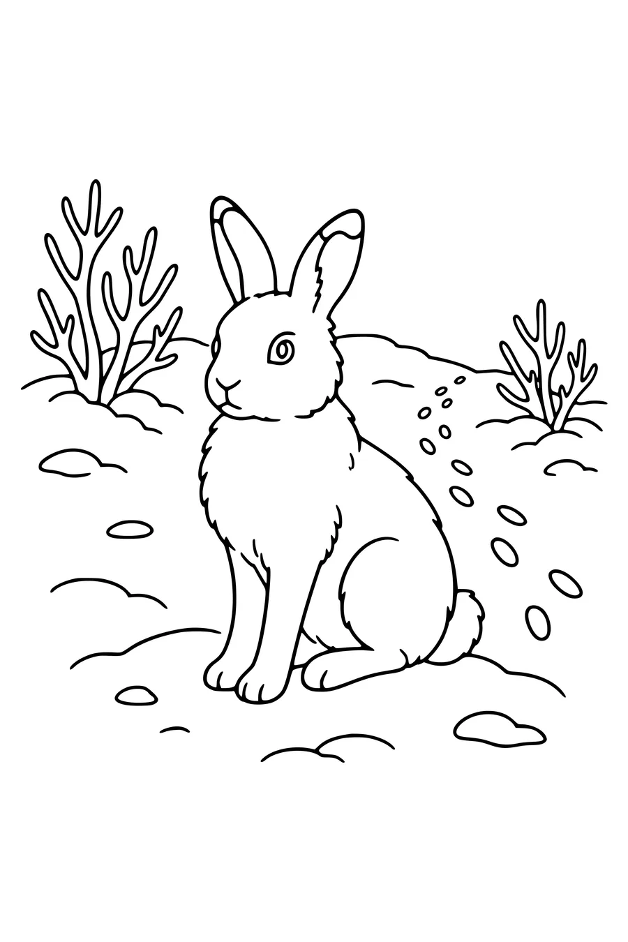 Coloring page of a white mountain hare sitting alert in the snow