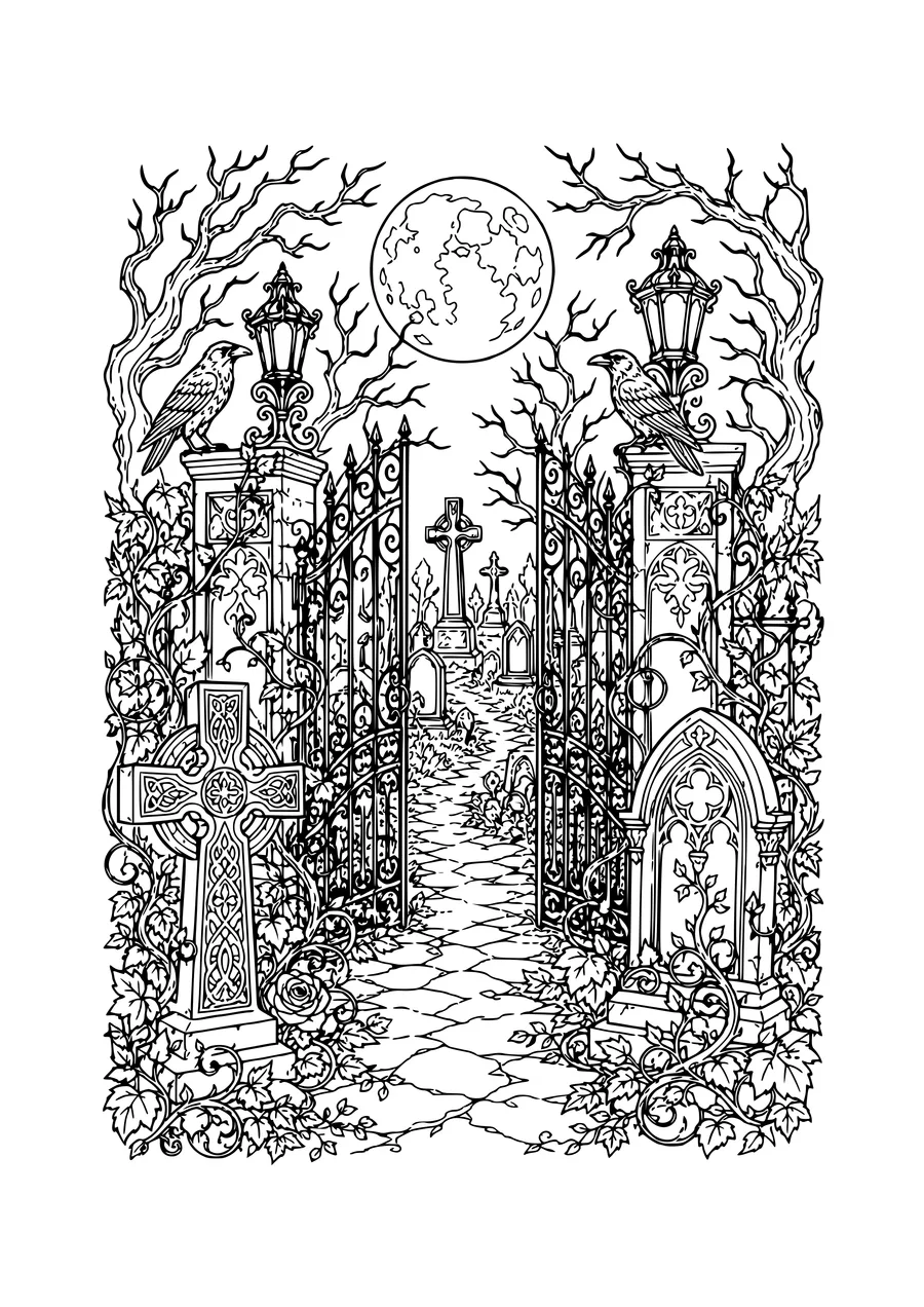 Coloriage difficile d’un cimetière d’halloween avec ornements