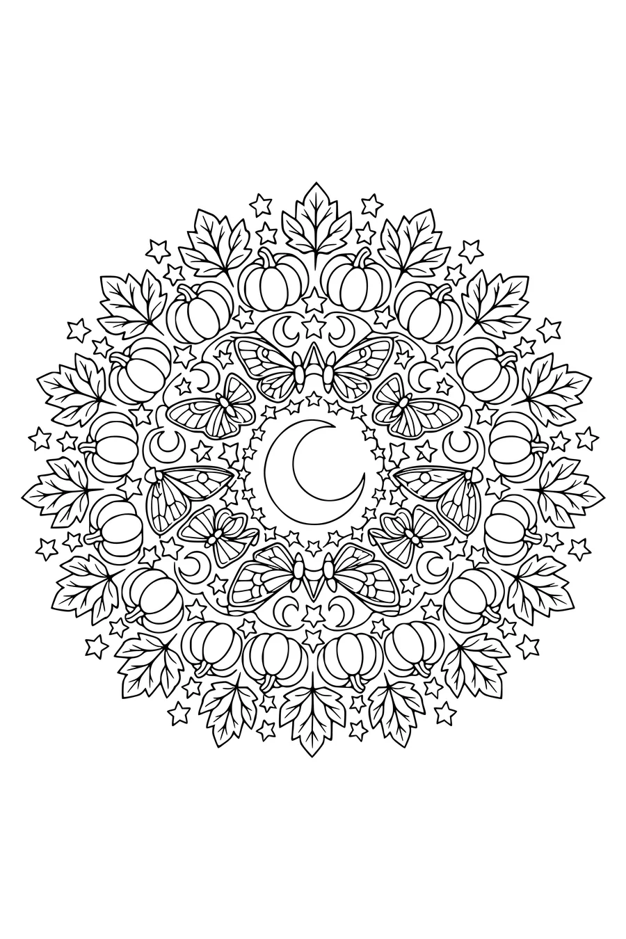 Detailed adult Halloween mandala coloring page with pumpkins, moons and moth wings