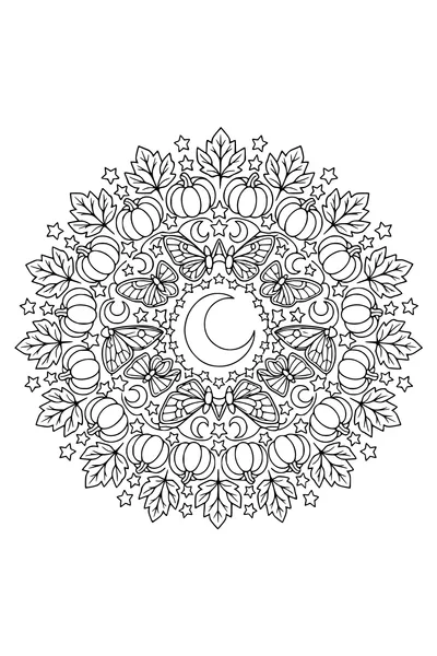 Detailed adult Halloween mandala coloring page with pumpkins, moons and moth wings