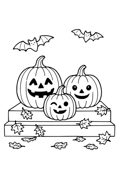Coloring page of three carved pumpkins with friendly faces on a doorstep