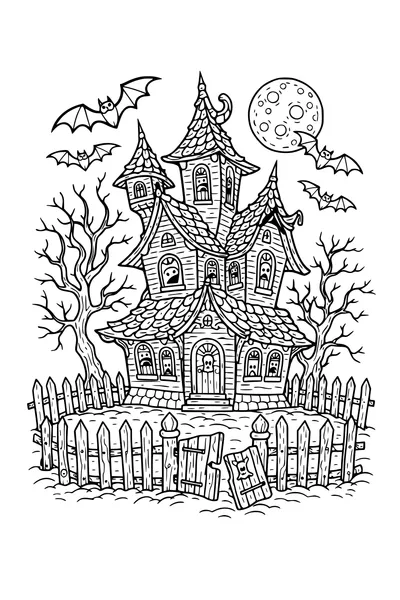 Coloring page of a crooked haunted house with bats and a full moon