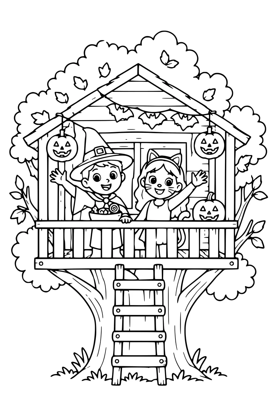 Une cabane dans les arbres décorée de guirlandes de chauves‑souris et de citrouilles pour deux enfants déguisés.