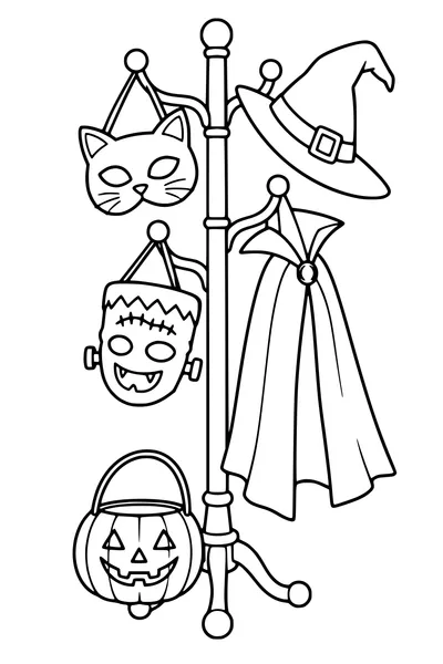 Aan een kapstok hangen een kattenmasker, monstermasker en vampiercape.