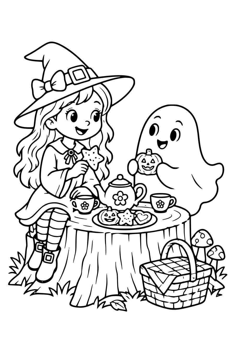 A friendly young witch and a small ghost share shaped biscuits on a broad tree stump with a teapot and picnic basket.