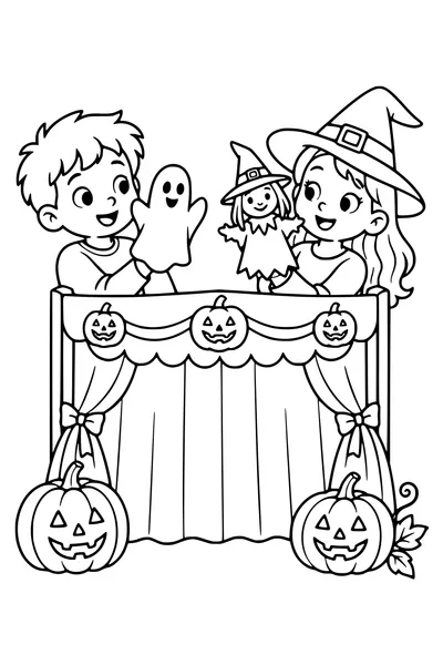Two children perform with a ghost puppet and witch puppet in a small curtain-fronted tabletop theatre decorated with pumpkins.