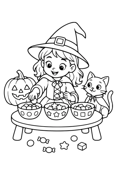 A costumed child sorts round, star-shaped and square Halloween sweets into three separate bowls at a low table.