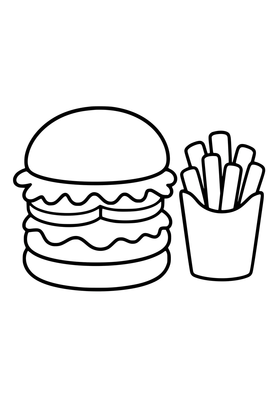 Printable coloring page of hamburger with fries