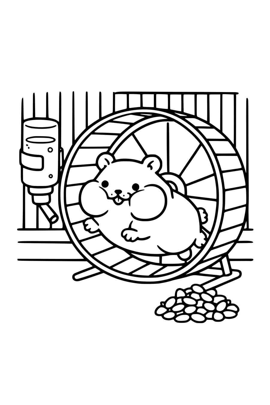 Coloring page of a hamster with full cheeks running in an exercise wheel