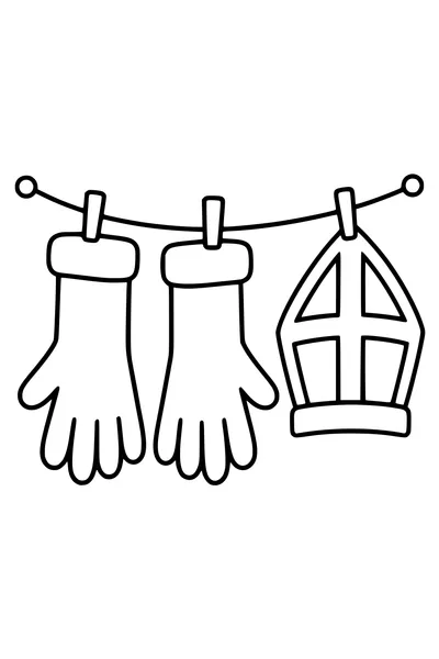 Twee lange handschoenen hangen aan een kort waslijntje naast de mijter.