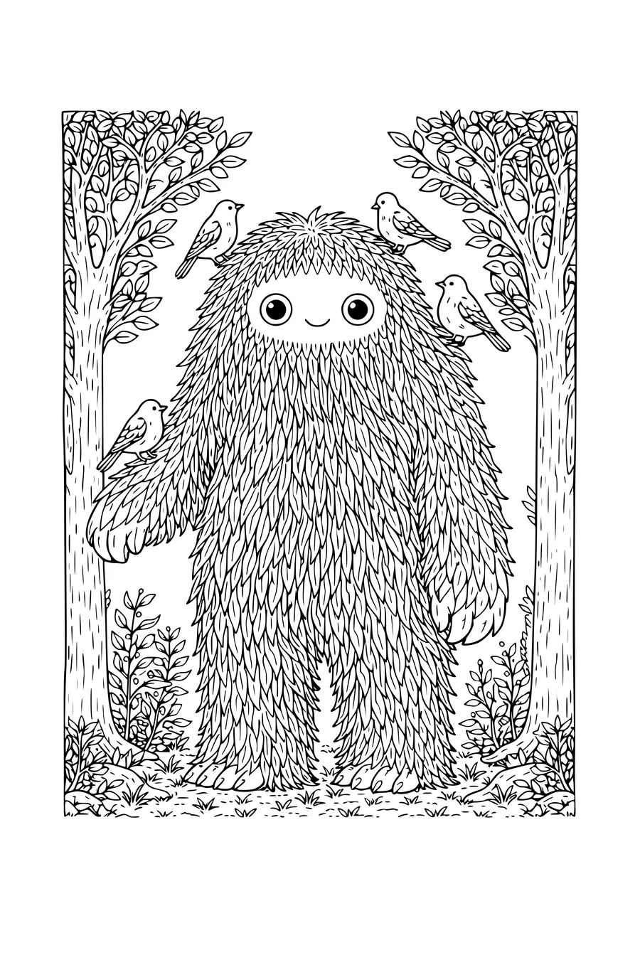 Coloring page of a tall shaggy forest monster with birds on its shoulders