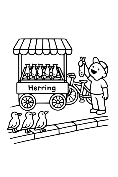 Coloring page of a herring cart with gulls waiting nearby