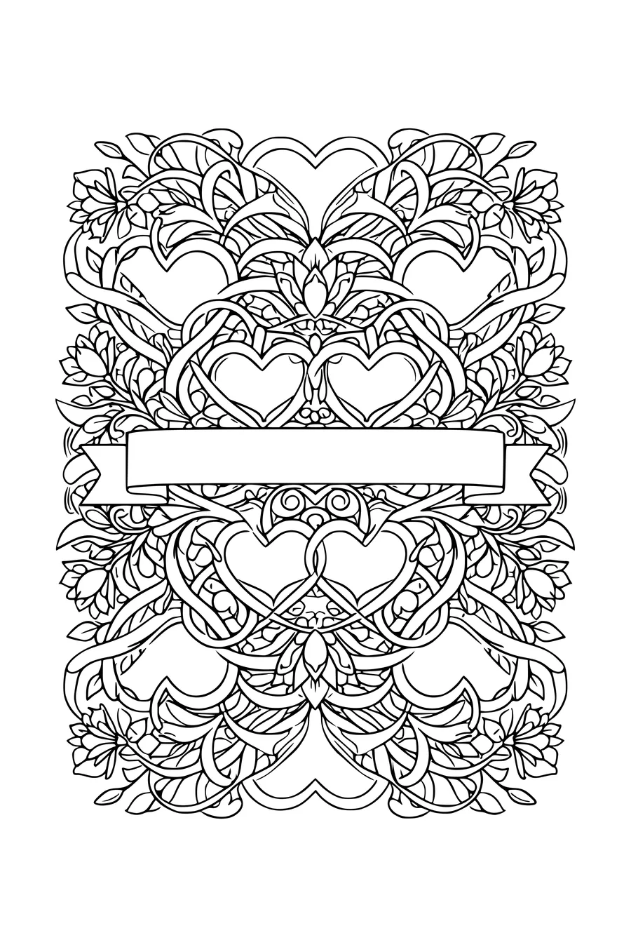 Coloring page of interlocking hearts and flowering vines with a blank banner