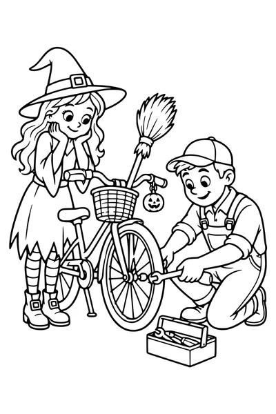 A friendly witch waits as a mechanic repairs her bicycle wheel, broom secured in the front basket and pumpkin bell on the handlebar.