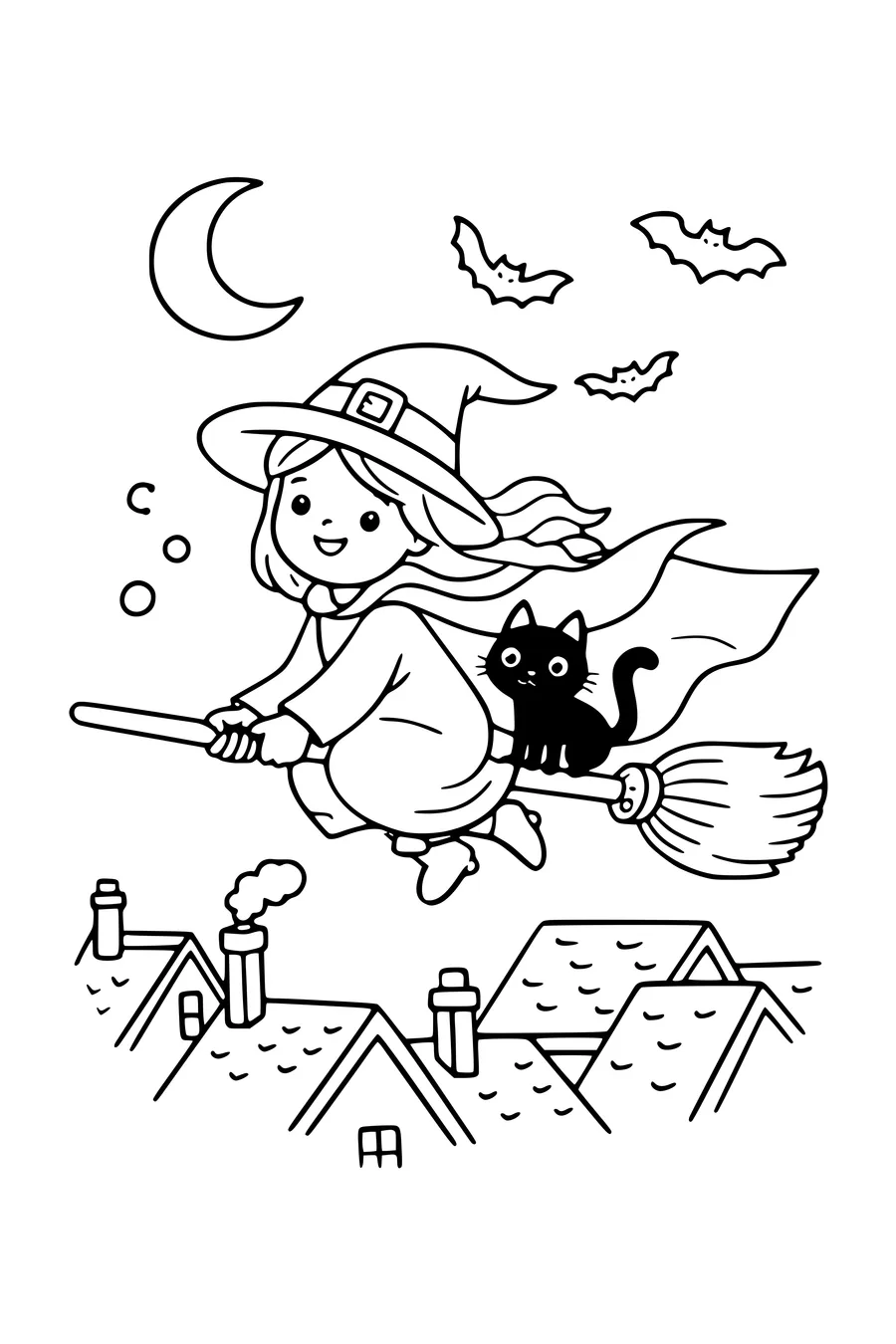 Coloriage d’une sorcière sur un balai avec un chat au-dessus des toits