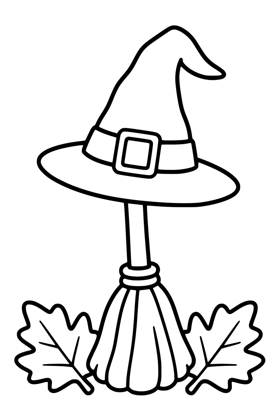 A pointed witch hat balances on a short broom handle, two broad autumn leaves at its base.