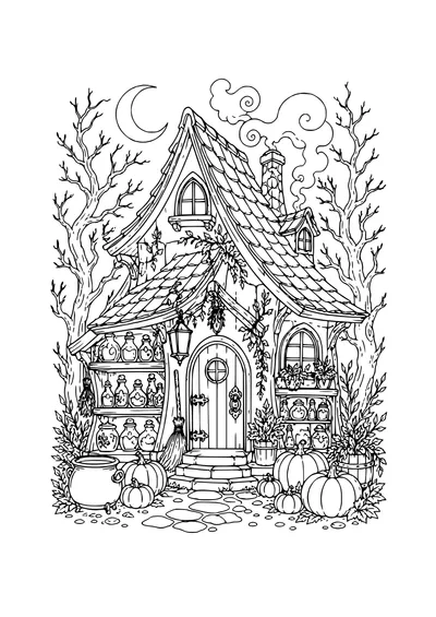 Difficult Halloween coloring page for adults: witch cottage among pumpkins