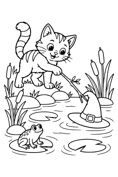 A witch's cat hooks a floating pointed hat with a twig beside a small pond, reeds and one frog nearby.
