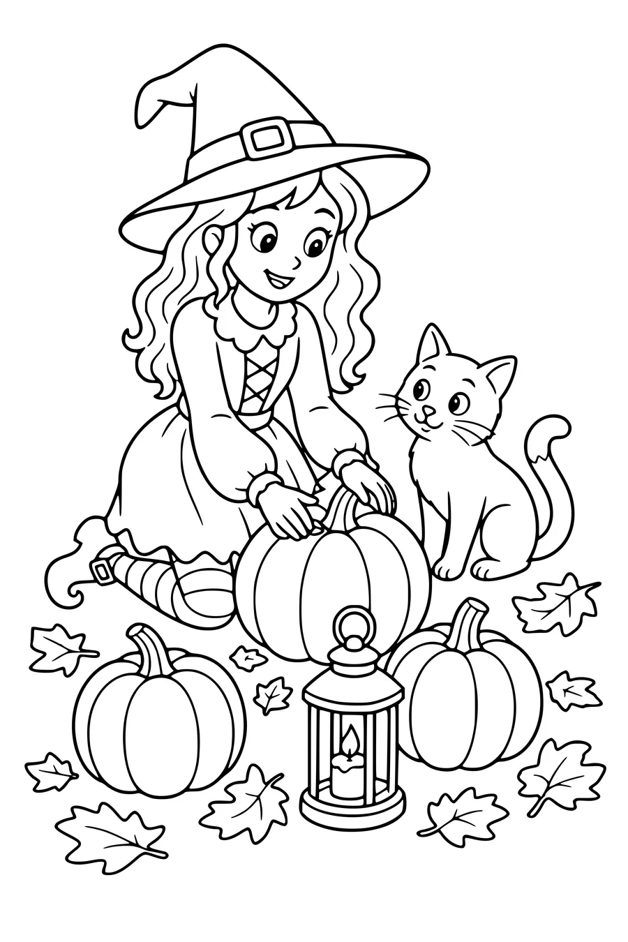 Kostenloses Ausmalbild: Hexchen mit Katze und Kürbissen