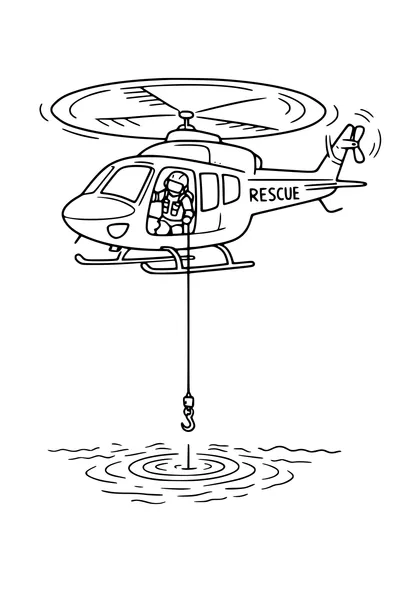 Coloring page of a rescue helicopter hovering with a winch line