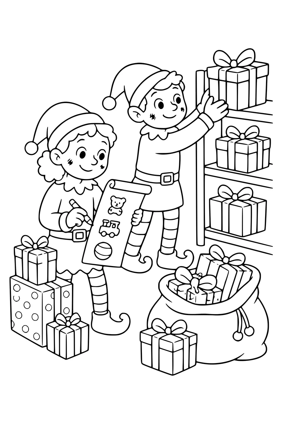 Coloring page of two Saint Nicholas helpers sorting presents in a warehouse