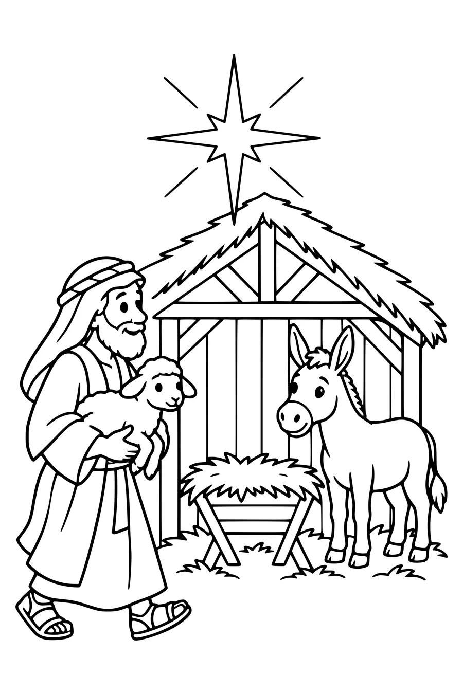 Un berger porte un agneau vers une crèche simple avec un âne.