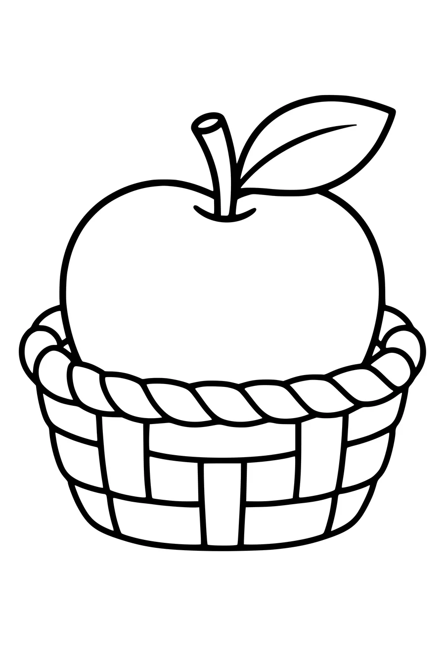 Een grote appel met een blad ligt in een klein mandje.
