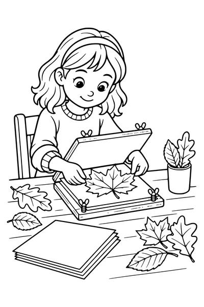A child places a broad maple leaf between the boards of a simple plant press, other autumn leaves and paper sheets on the table.