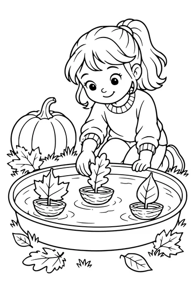 Three walnut-shell boats with small leaf sails float in a shallow water tray, a child gently placing one boat.