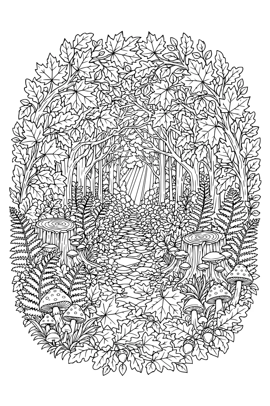 Intricate adult coloring page of an autumn forest path with dense ferns