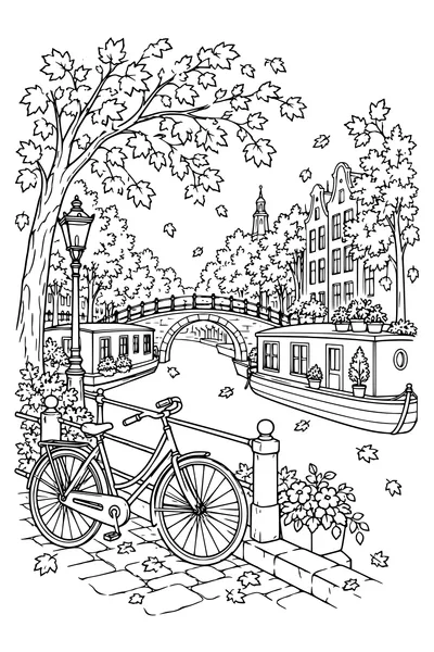 An autumn canal scene contains houseboats, bicycles, old quay walls, broad tree canopies shedding leaves and an arched footbridge.