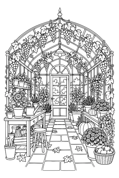 An intricate autumn greenhouse has grape clusters beneath curved glass roof ribs, terracotta pots, a potting bench and tiled walkway.
