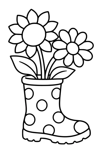 Two large simple autumn flowers grow from an old rain boot used as a planter.
