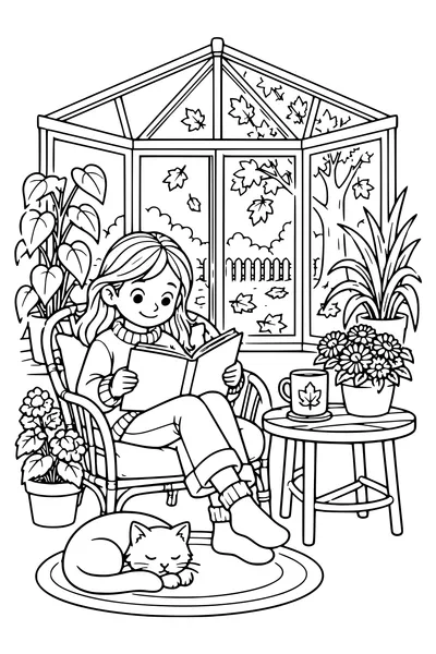 A child reads an unlettered book beside potted plants in a conservatory, fallen autumn leaves outside the window and a mug on a table.