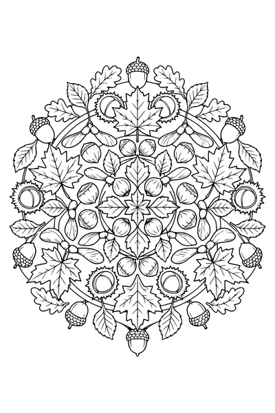 A circular autumn mandala combines acorns, maple seeds, chestnuts, hazelnuts and leaves in concentric symmetrical rings.