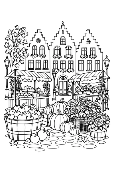 A detailed Flemish autumn market square has stepped-gable facades, harvest stalls, baskets, pumpkins, chrysanthemums and cobbled paving, no shop text.
