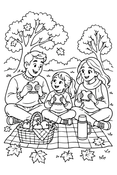 A family of three shares sandwiches on a picnic blanket in an autumn park, apple basket and thermos nearby.