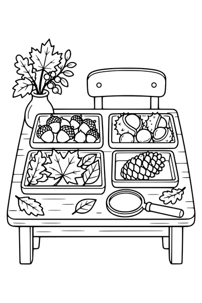 A classroom autumn nature table displays acorns, chestnuts, leaves and a pine cone in separate shallow trays, magnifying glass beside them.